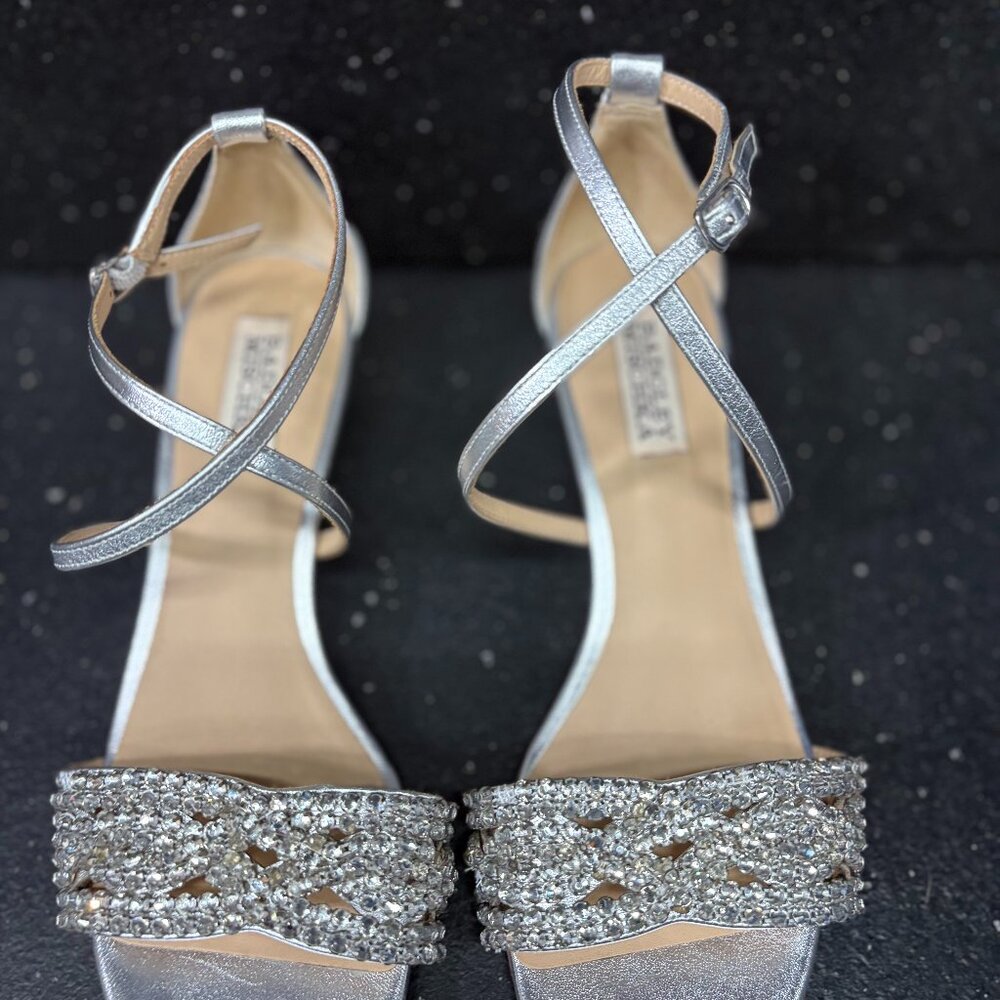 Badgley Mischka silver wedge sandals with rhinestones sz 7.5 womens